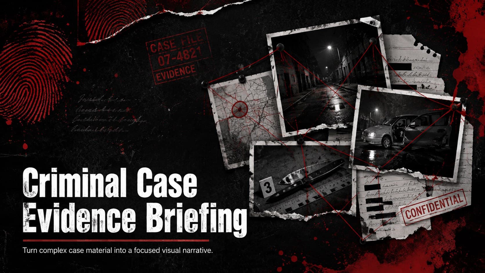 Criminal case evidence briefing cover with distressed black paper, red accents, and investigative graphics.