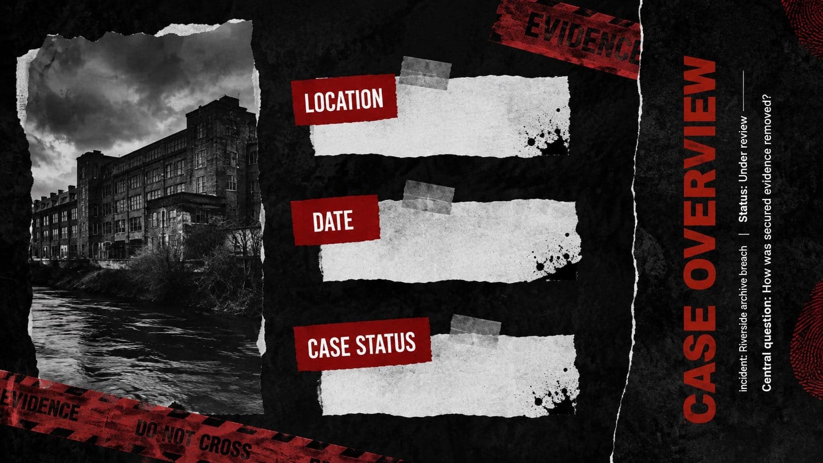 Criminal investigation presentation template slide summarizing a fictional case and its central questions.