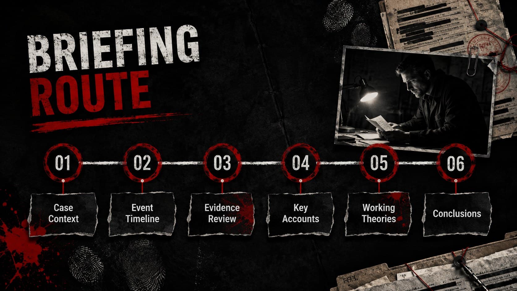 Courtroom case briefing presentation agenda listing the main stages of an evidence review.