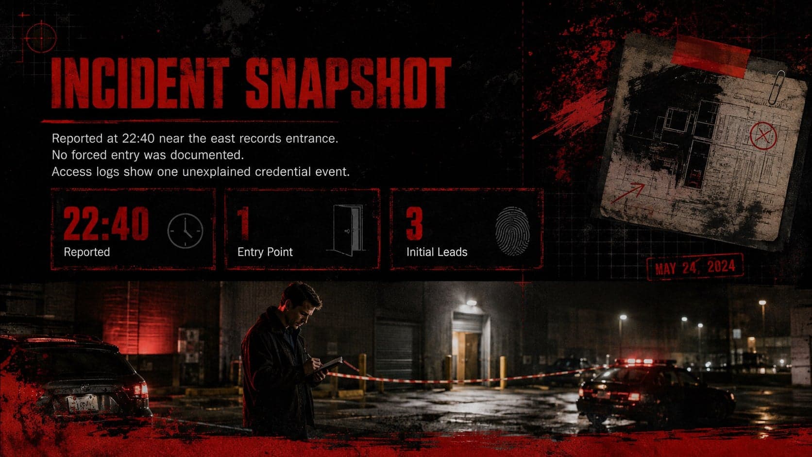 Black and red investigation template showing an incident snapshot with time, place, and initial observations.
