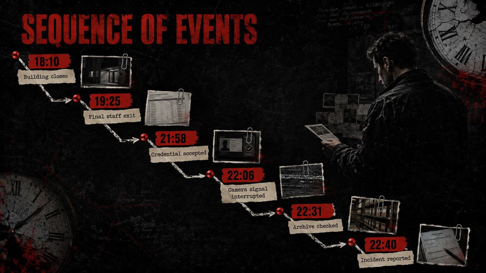 Unsolved case timeline slide deck layout tracing six events in chronological order.