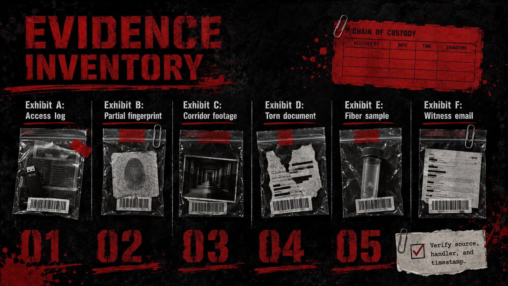 Evidence board PowerPoint theme slide cataloging physical, digital, and documentary exhibits.