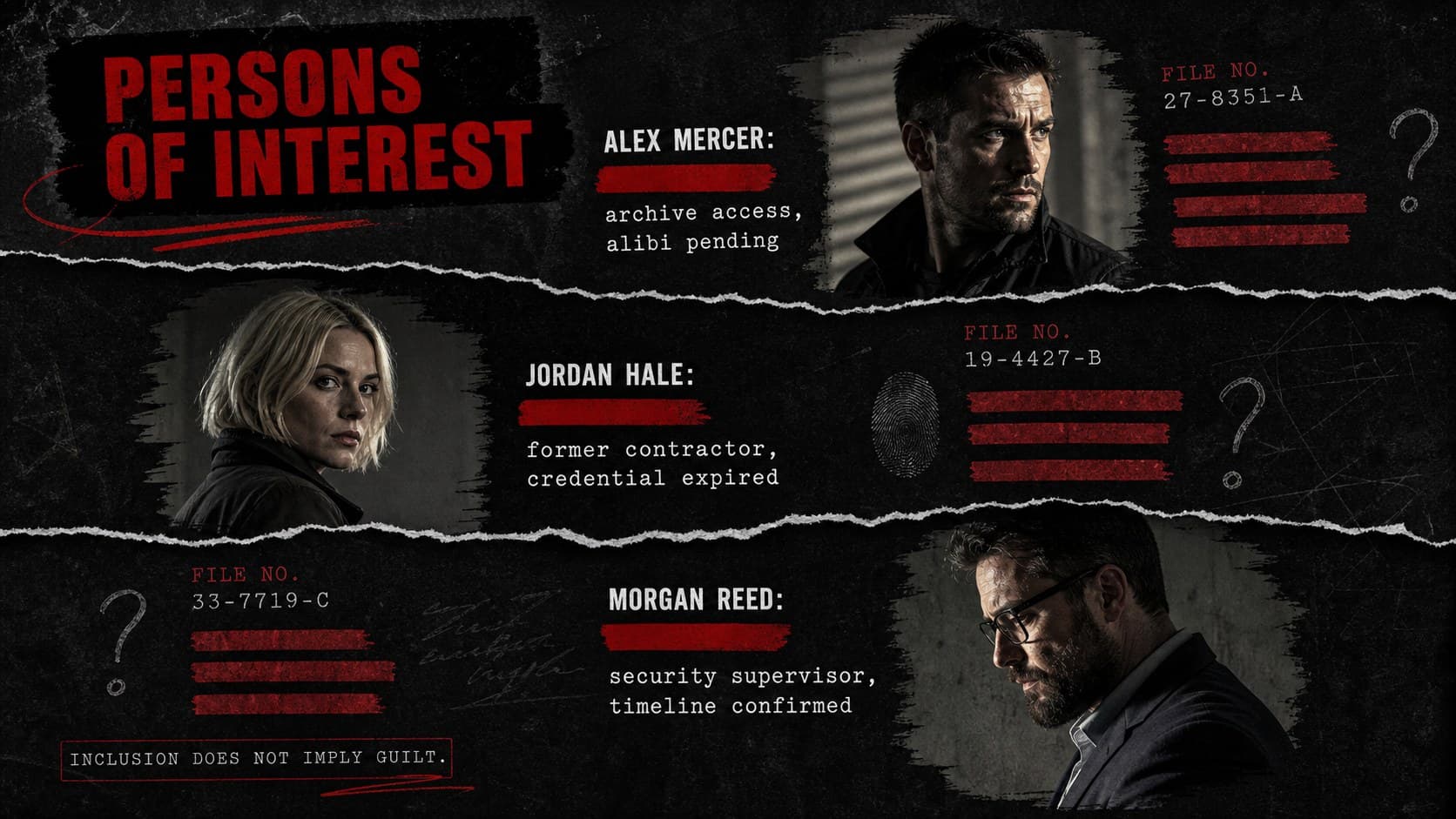 Detective evidence presentation layout comparing three fictional persons of interest.