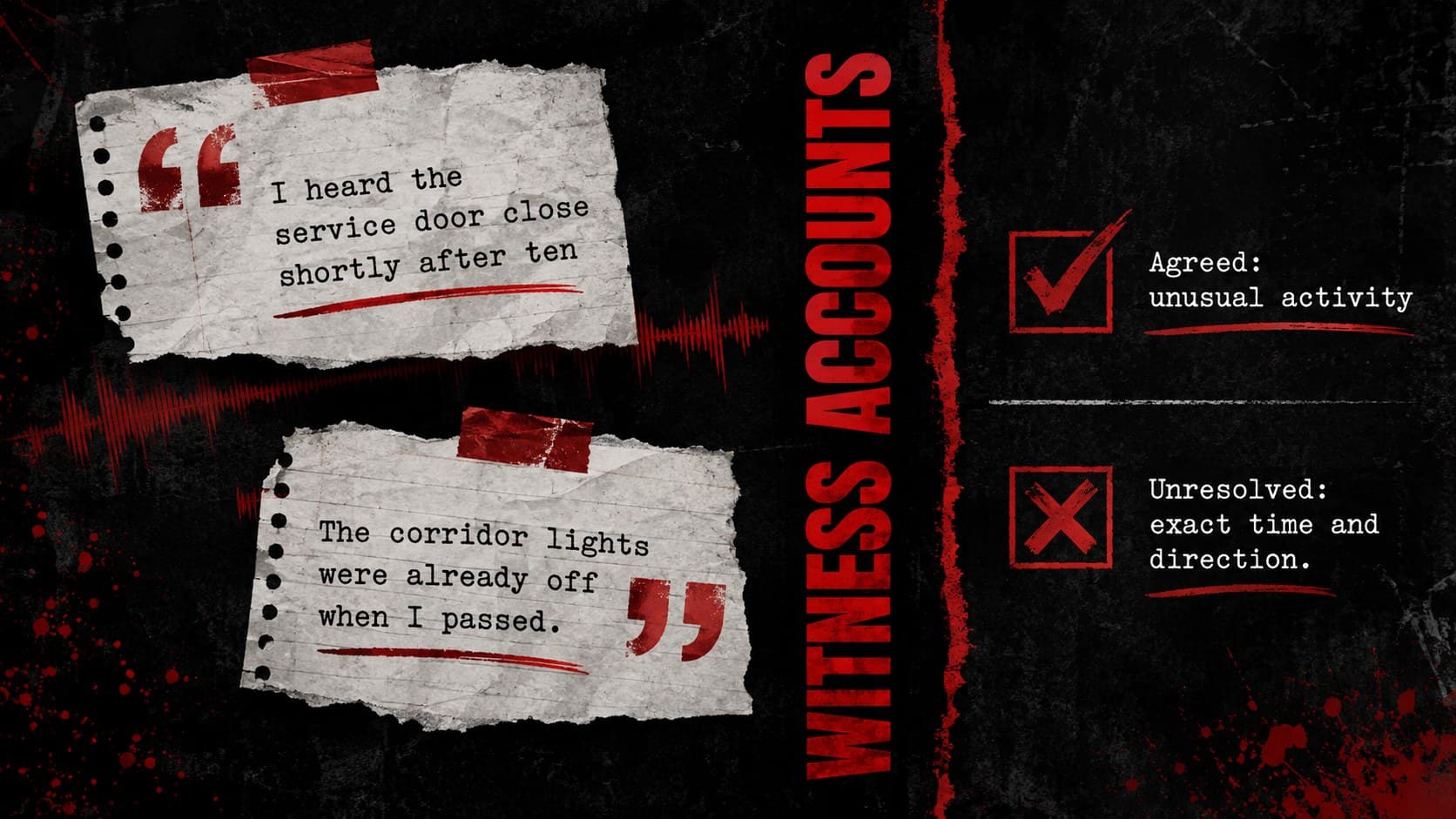 Criminal case evidence briefing slide organizing witness accounts and points of disagreement.