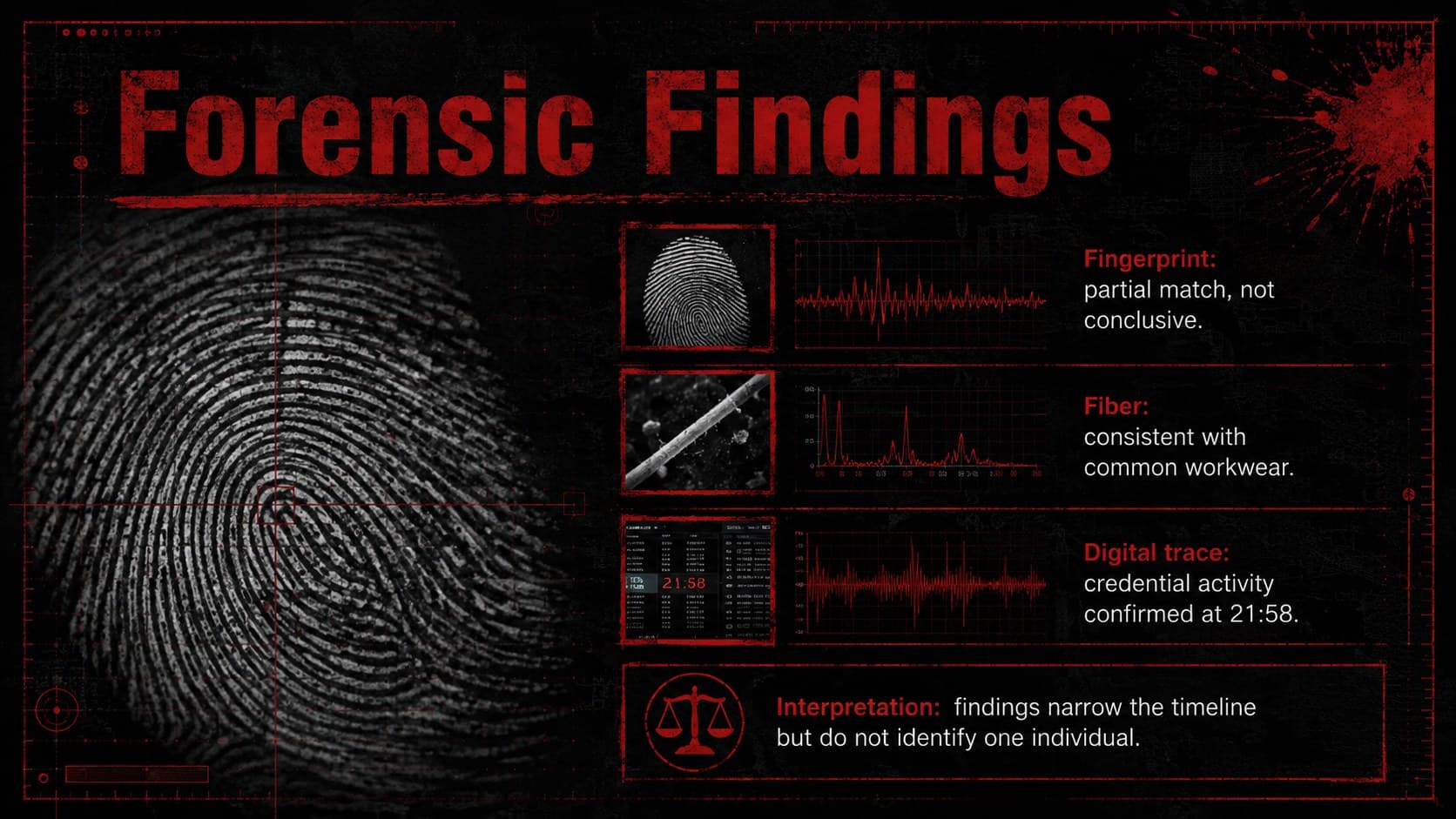 Forensic case analysis Google Slides layout presenting fingerprint, fiber, and digital findings.