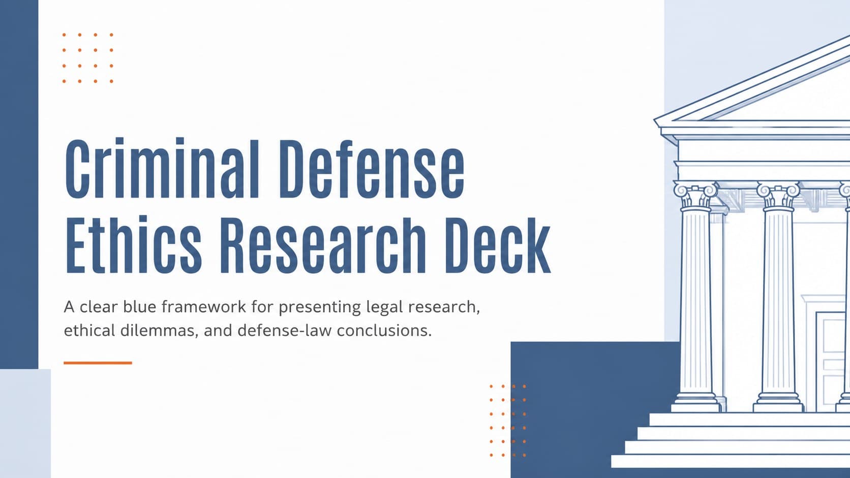 Blue geometric cover slide introducing a criminal defense ethics research deck for a law thesis defense.