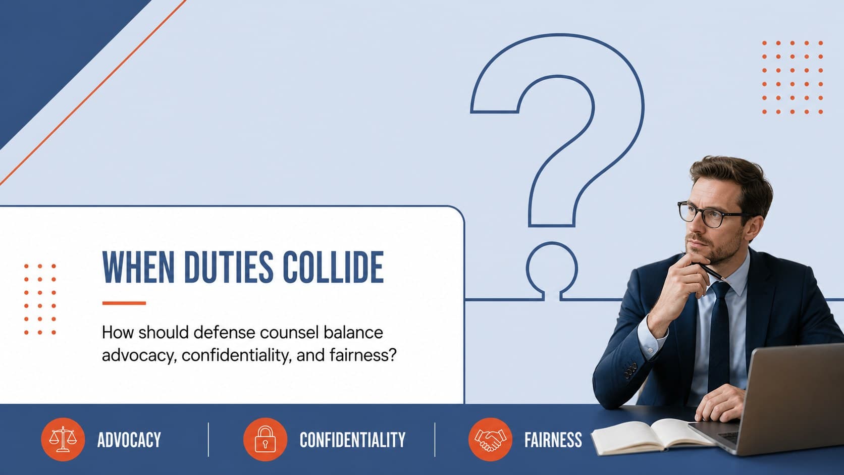 Research question slide framing a legal ethics inquiry about defense counsel duties.