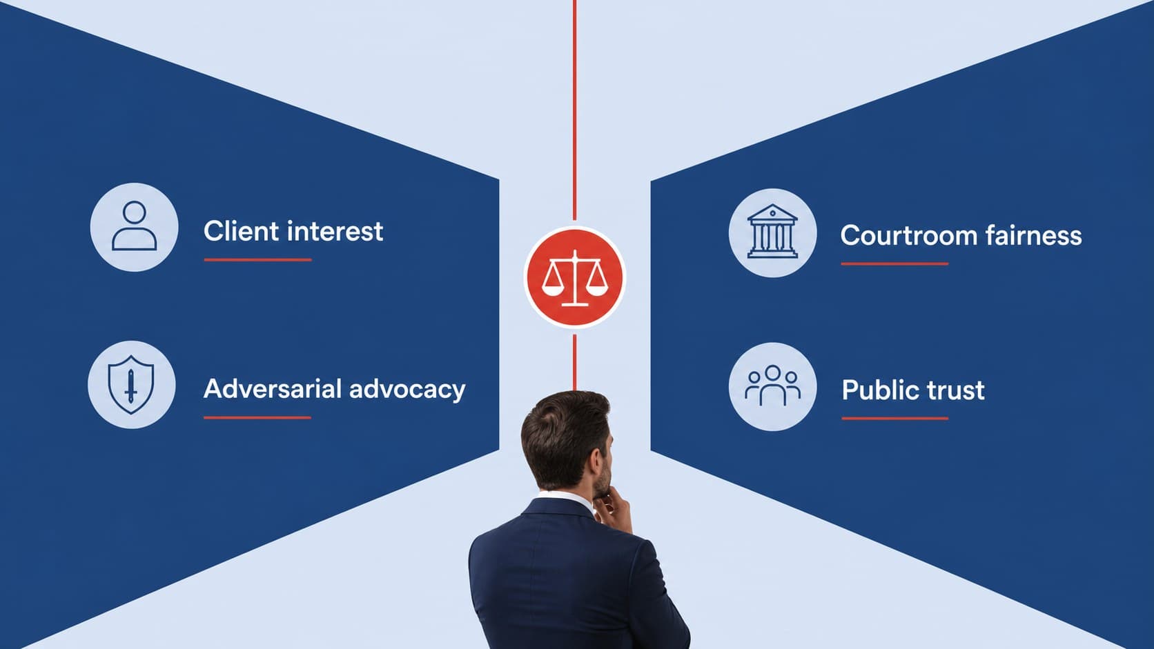 Competing duties slide visualizing tensions between client advocacy and courtroom fairness.