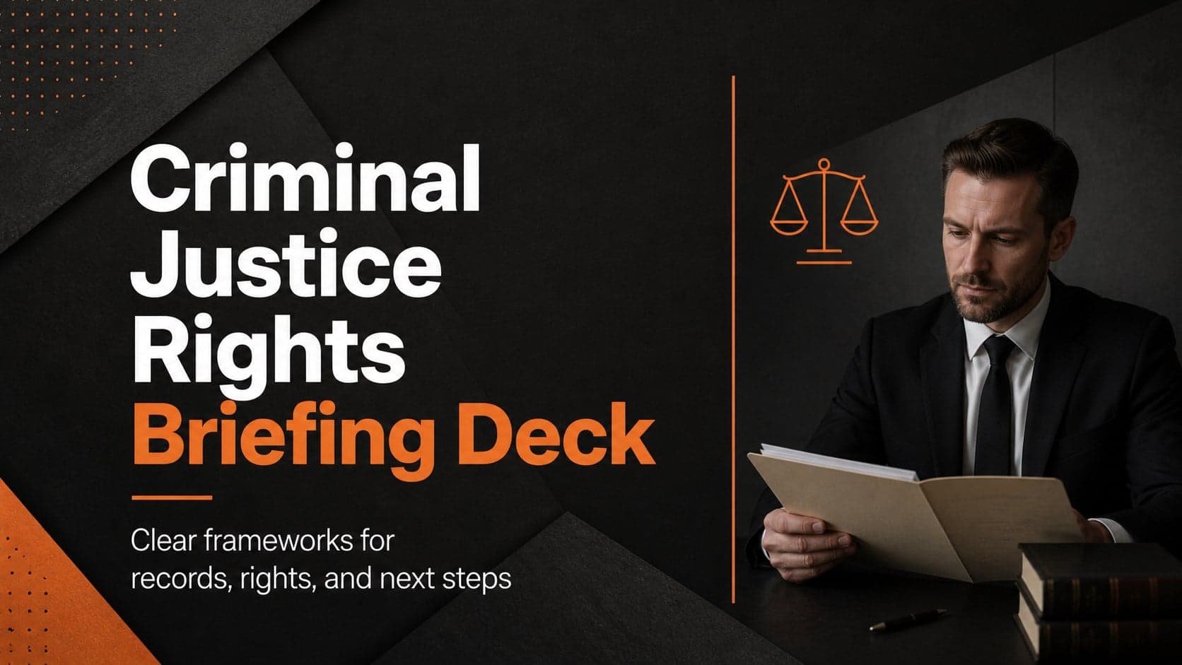 Black-and-orange cover slide introducing a criminal justice rights briefing deck.