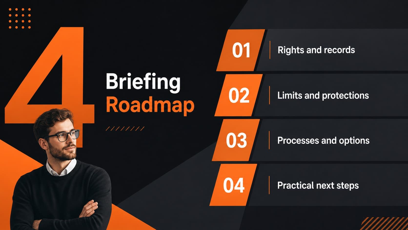 Agenda slide outlining the sections of a criminal record rights presentation.