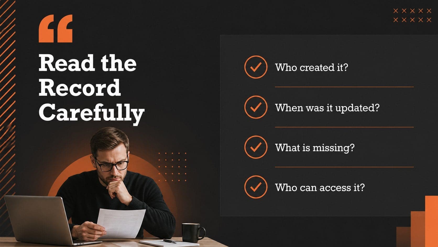 Educational slide listing questions for evaluating criminal record information.