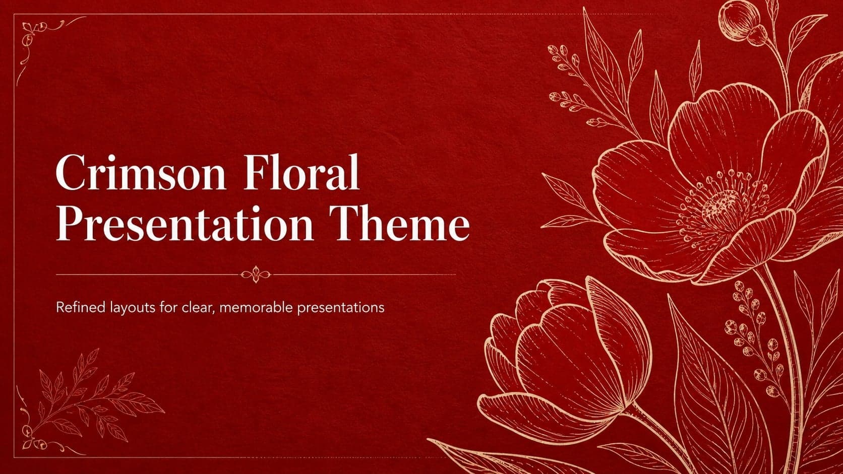 Crimson floral presentation theme cover with an elegant botanical composition and refined title treatment.