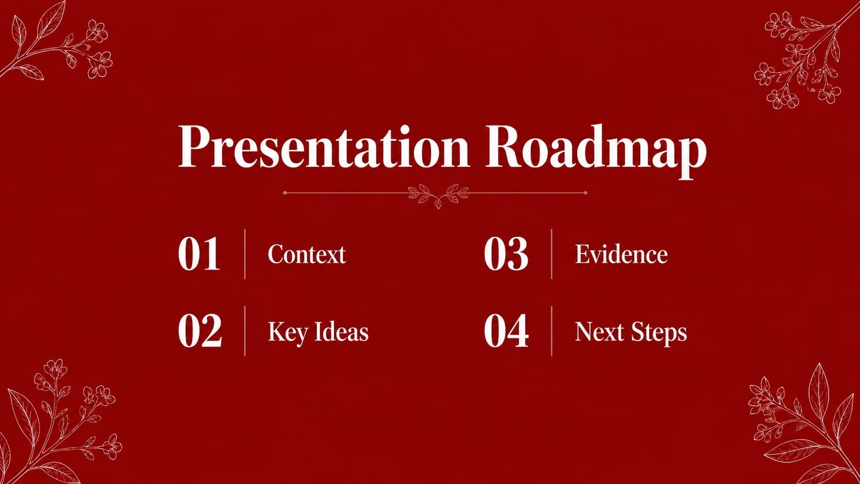 Agenda slide in a crimson floral PowerPoint template with numbered sections and botanical accents.