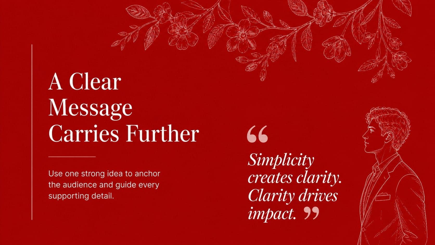 Statement slide in a red floral Google Slides theme featuring a large quote and delicate flower line art.