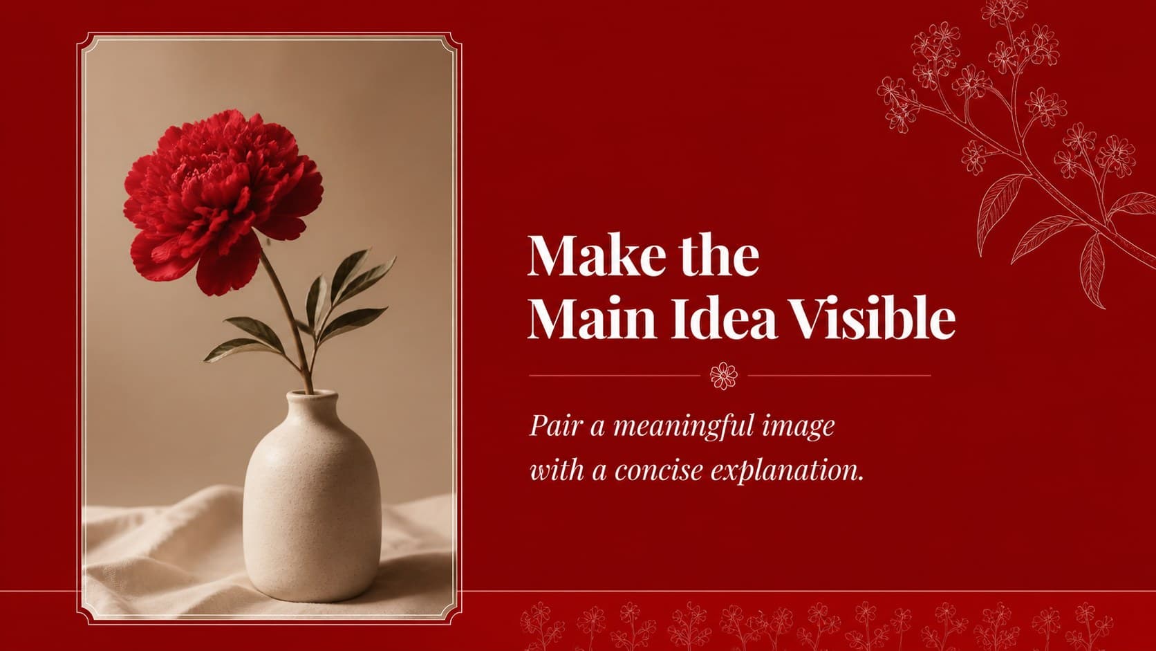 Image-led slide from a botanical presentation for formal events with a framed visual and crimson caption.