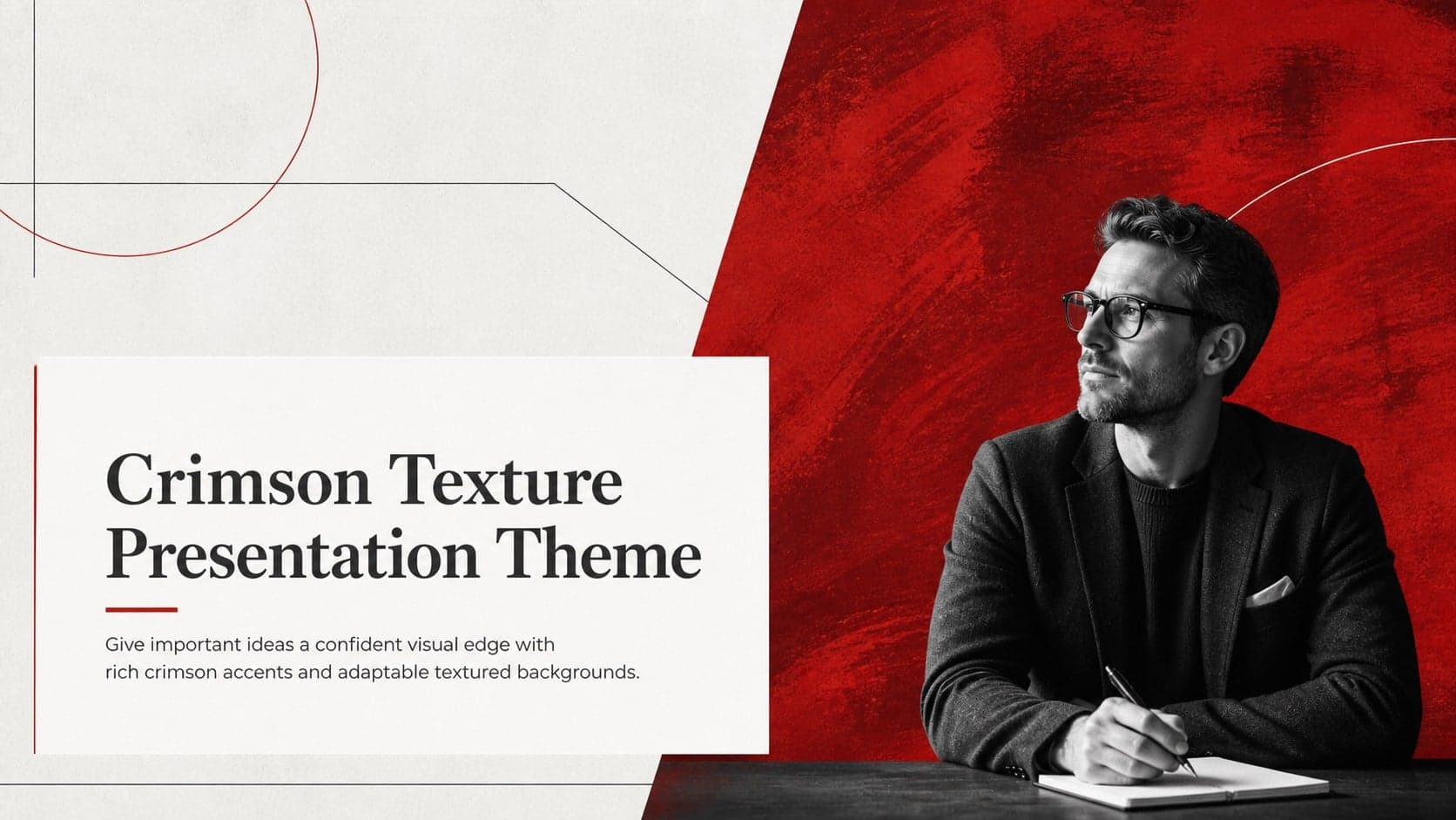 Cover of the Crimson Texture Presentation Theme with bold white typography over a layered red photographic background.