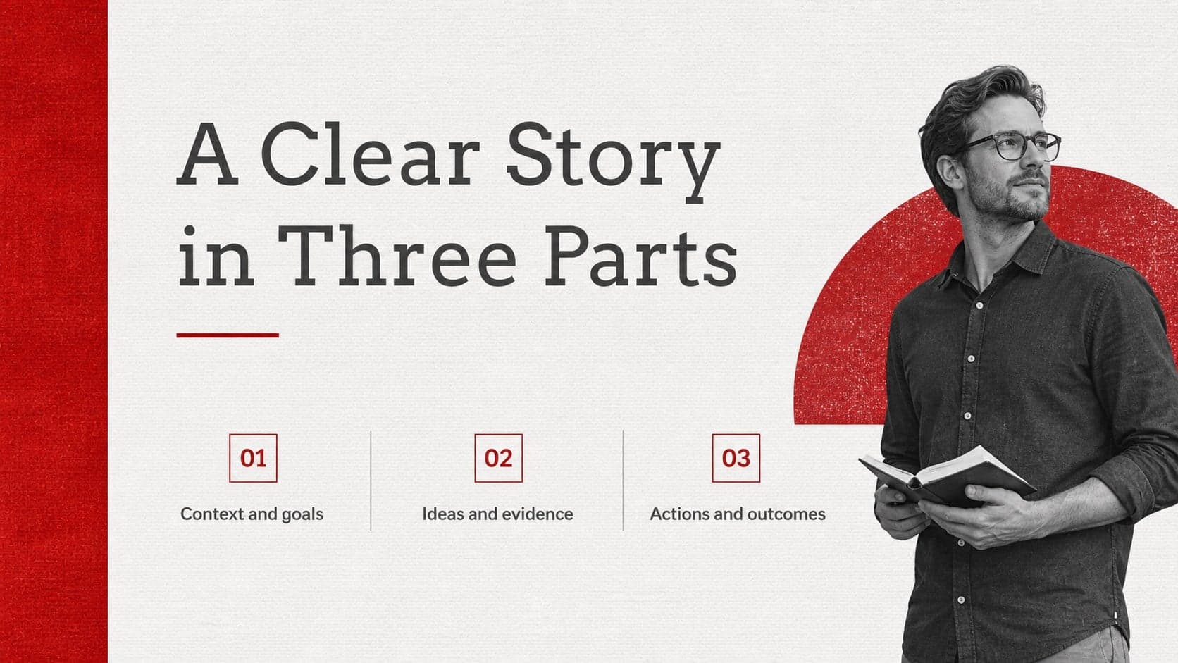 Agenda layout from a red textured slide theme featuring three presentation sections and a crimson image panel.