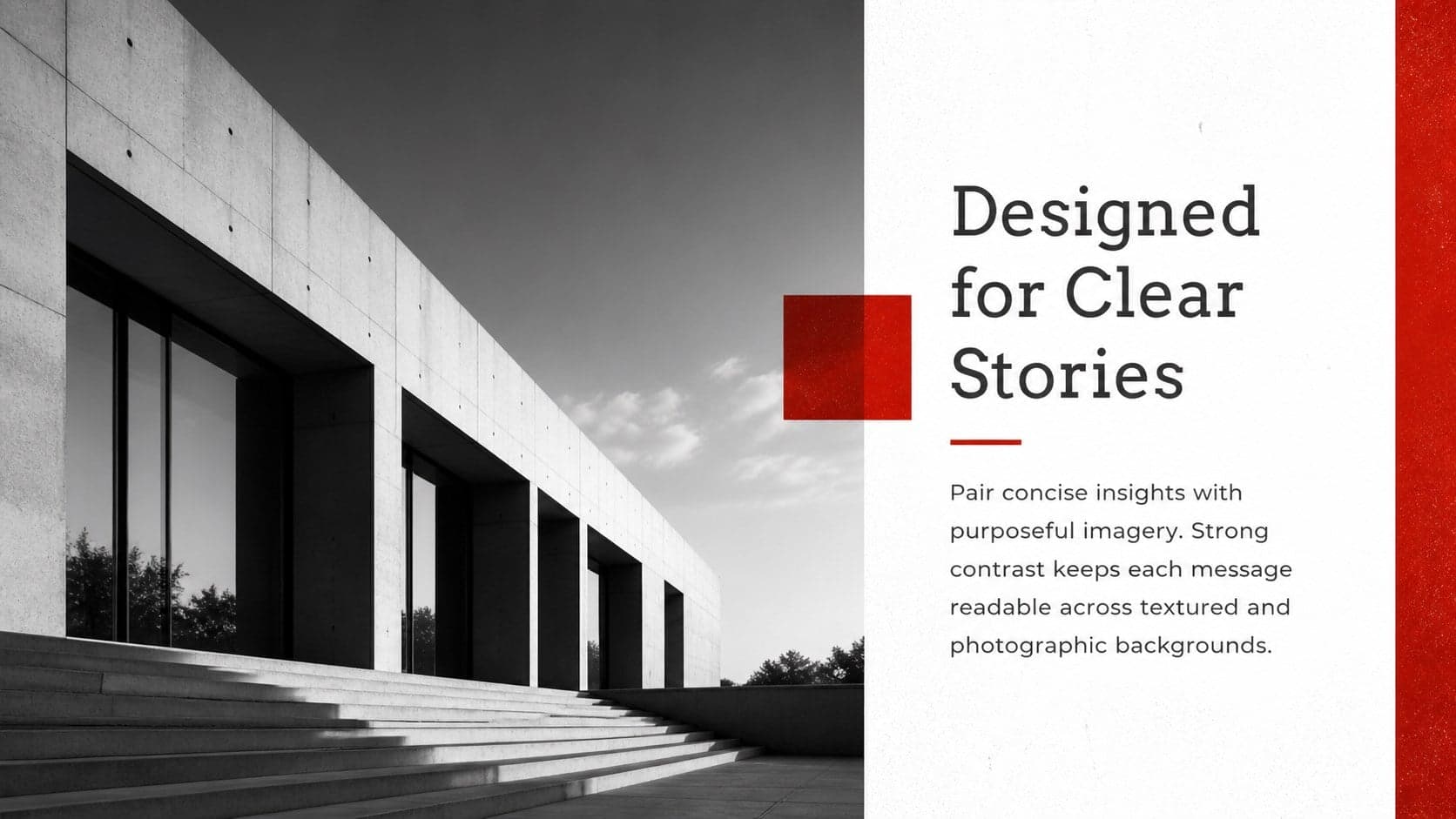 Content page from an editable crimson Google Slides theme with a large photo area and concise project narrative.