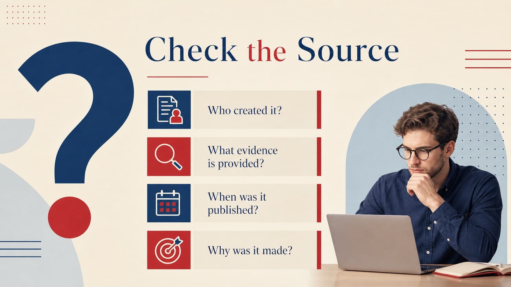 Source credibility workshop presentation slide with four questions for evaluating an information source.