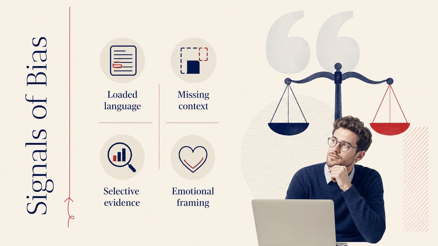 Bias detection presentation slide identifying loaded language, missing context, framing, and selective evidence.