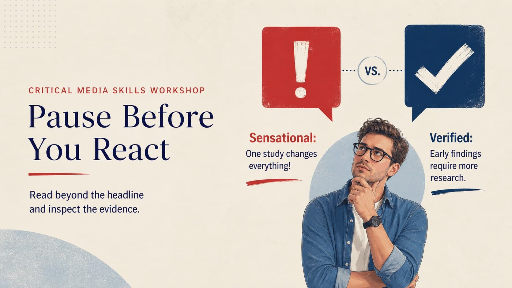 Media literacy slide comparing a sensational headline with a verified and contextualized version.