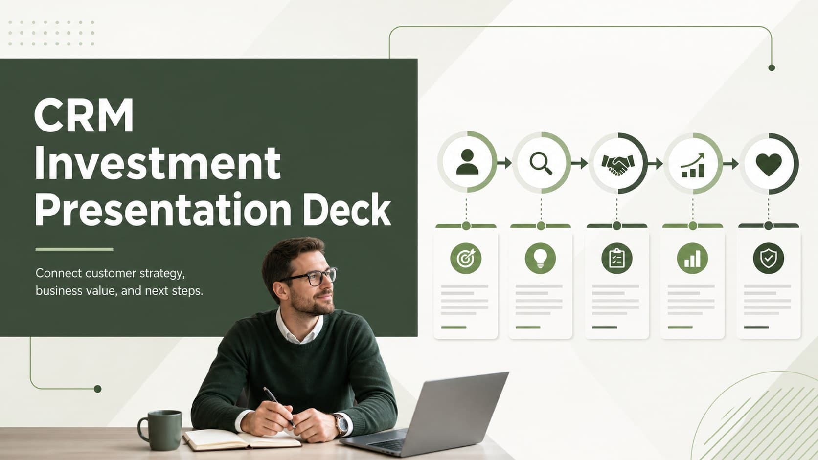 Green cover slide for a CRM business case presentation featuring the CRM Investment Presentation Deck title and an executive decision theme.