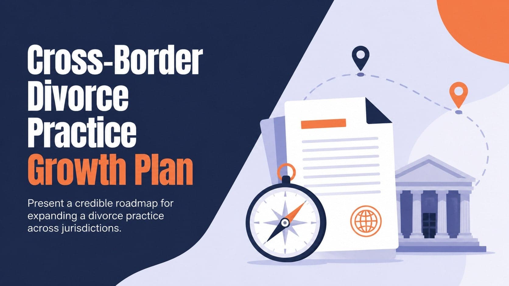 Blue and orange illustrated cover for a Cross-Border Divorce Practice Growth Plan presentation.