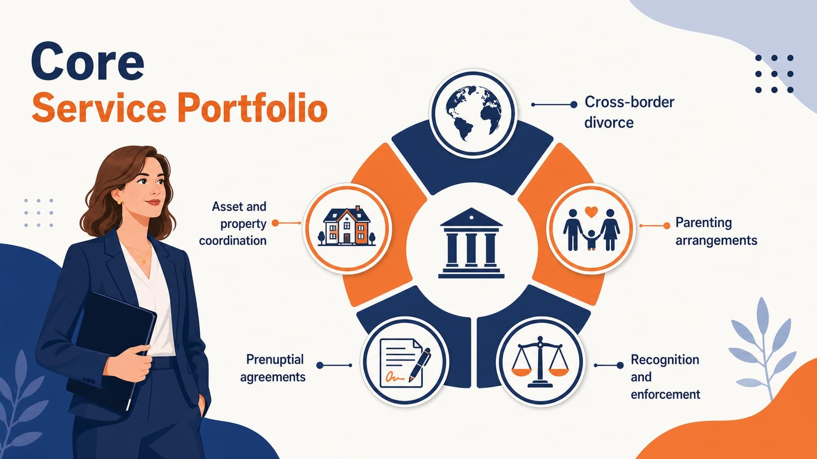 Legal service portfolio slide listing cross-border divorce and family law offerings.