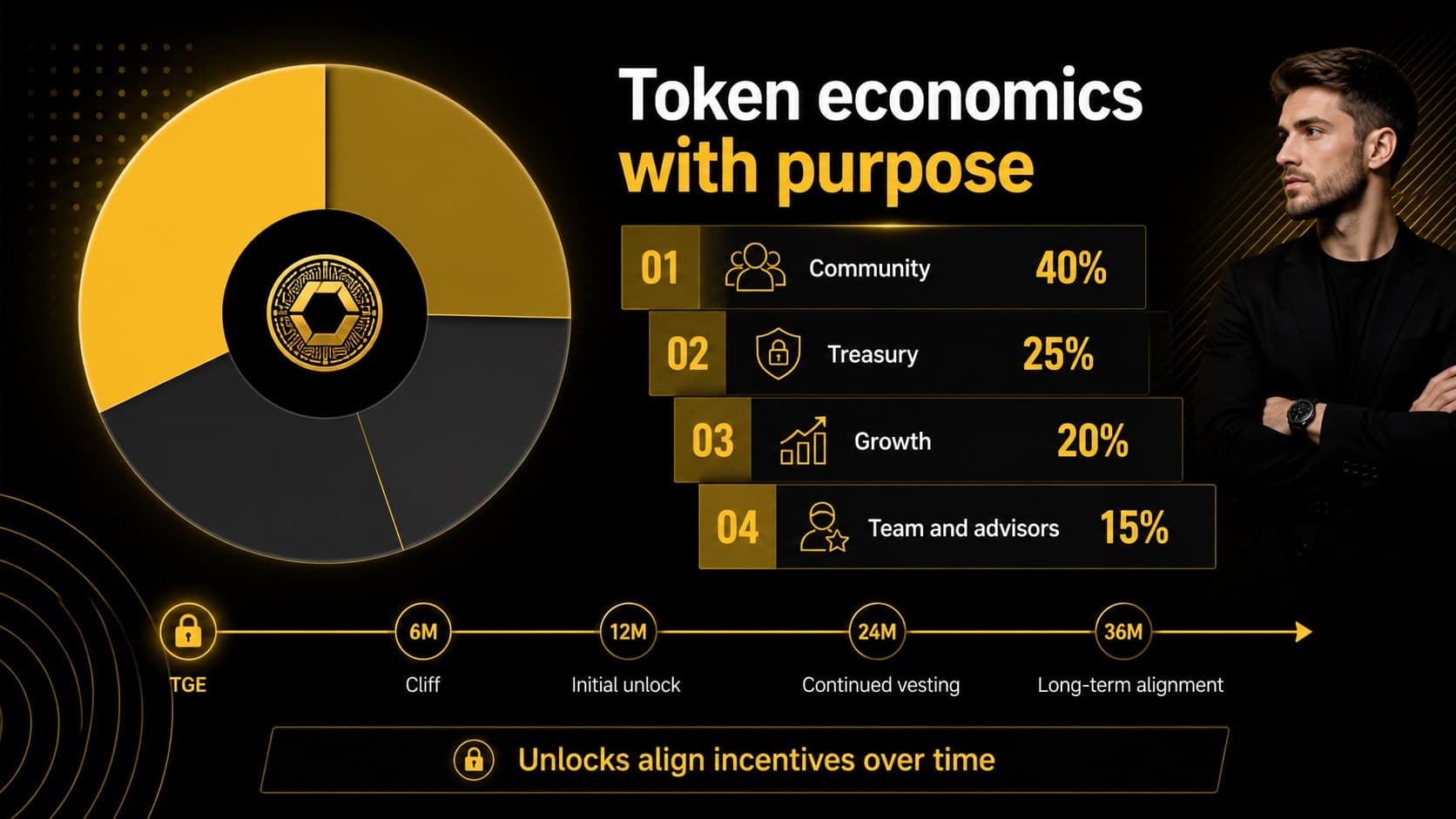 Tokenomics slide presenting supply allocation and incentive categories.