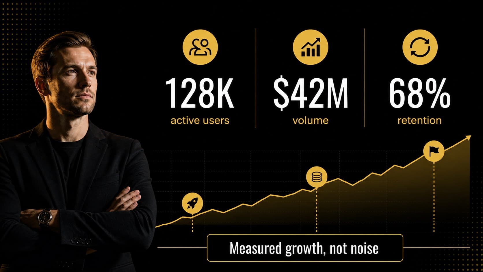 Traction metrics slide highlighting active users, transaction volume, and retention.