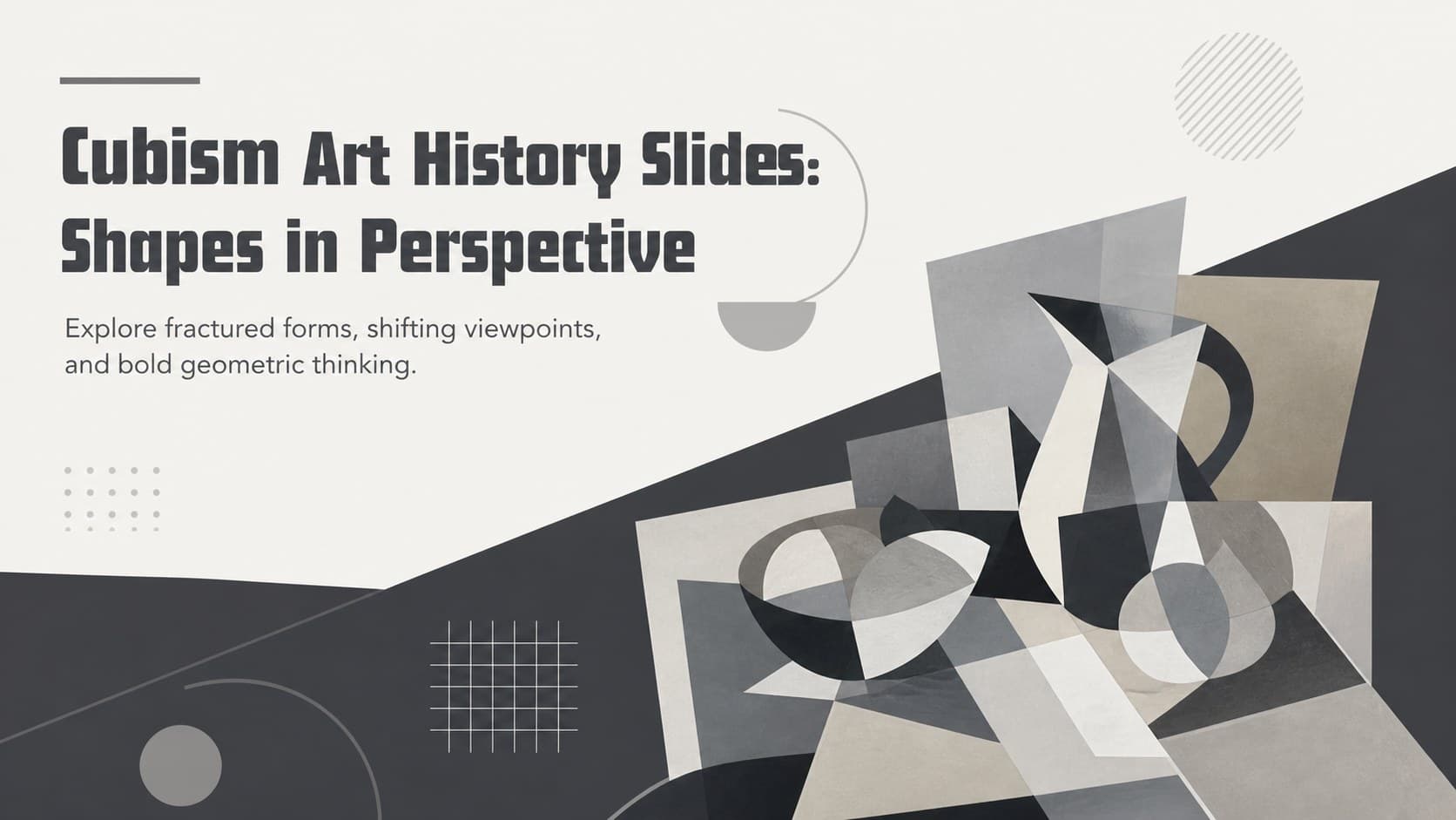 Cover for Cubism art history slides featuring abstract geometric artwork in a restrained grey classroom theme.