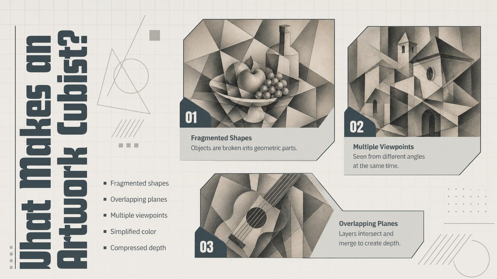 Cubism techniques classroom presentation slide explaining fragmented shapes, limited color, and layered space.