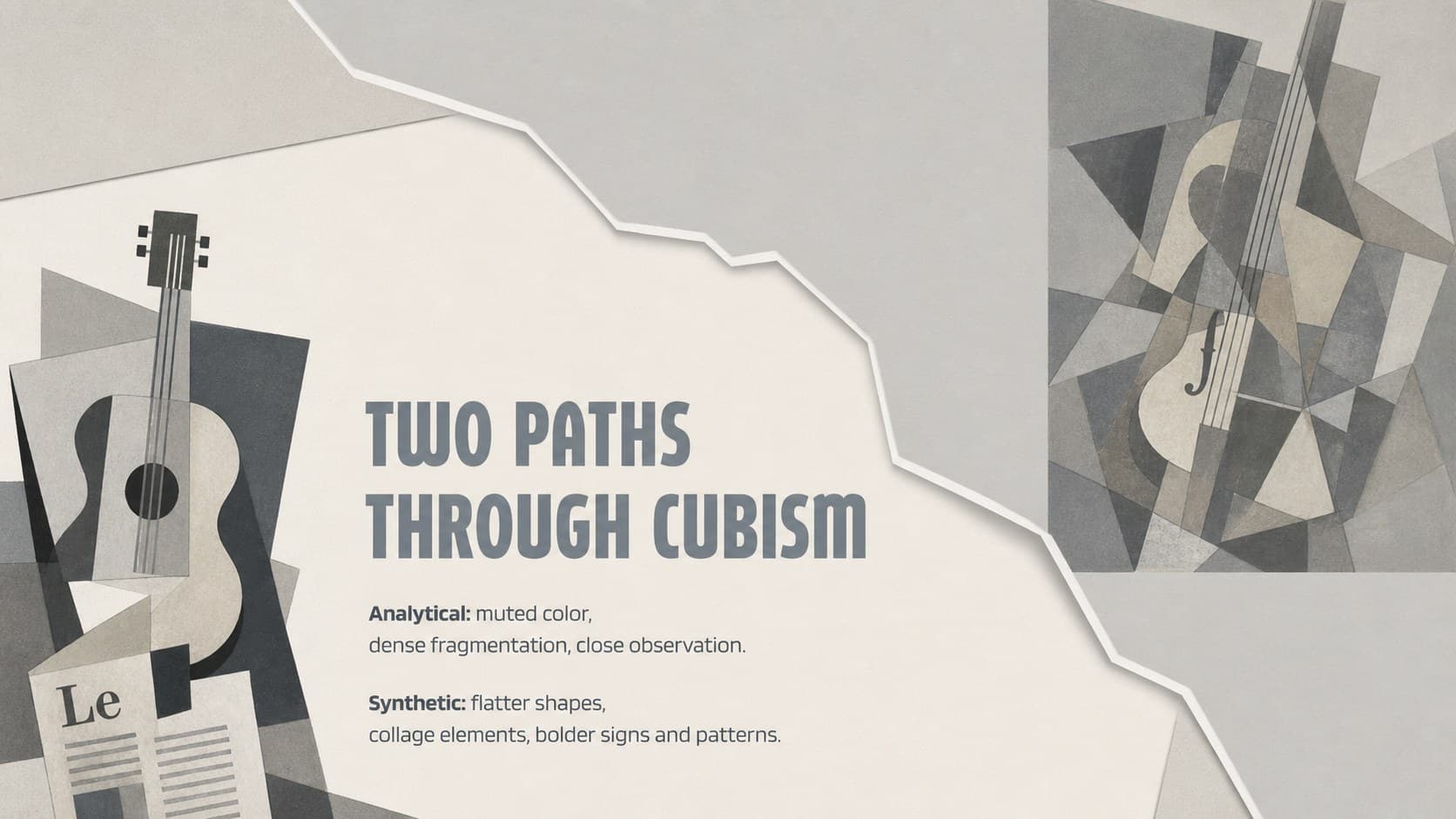 Art history slide comparing Analytical and Synthetic Cubism with concise visual examples.