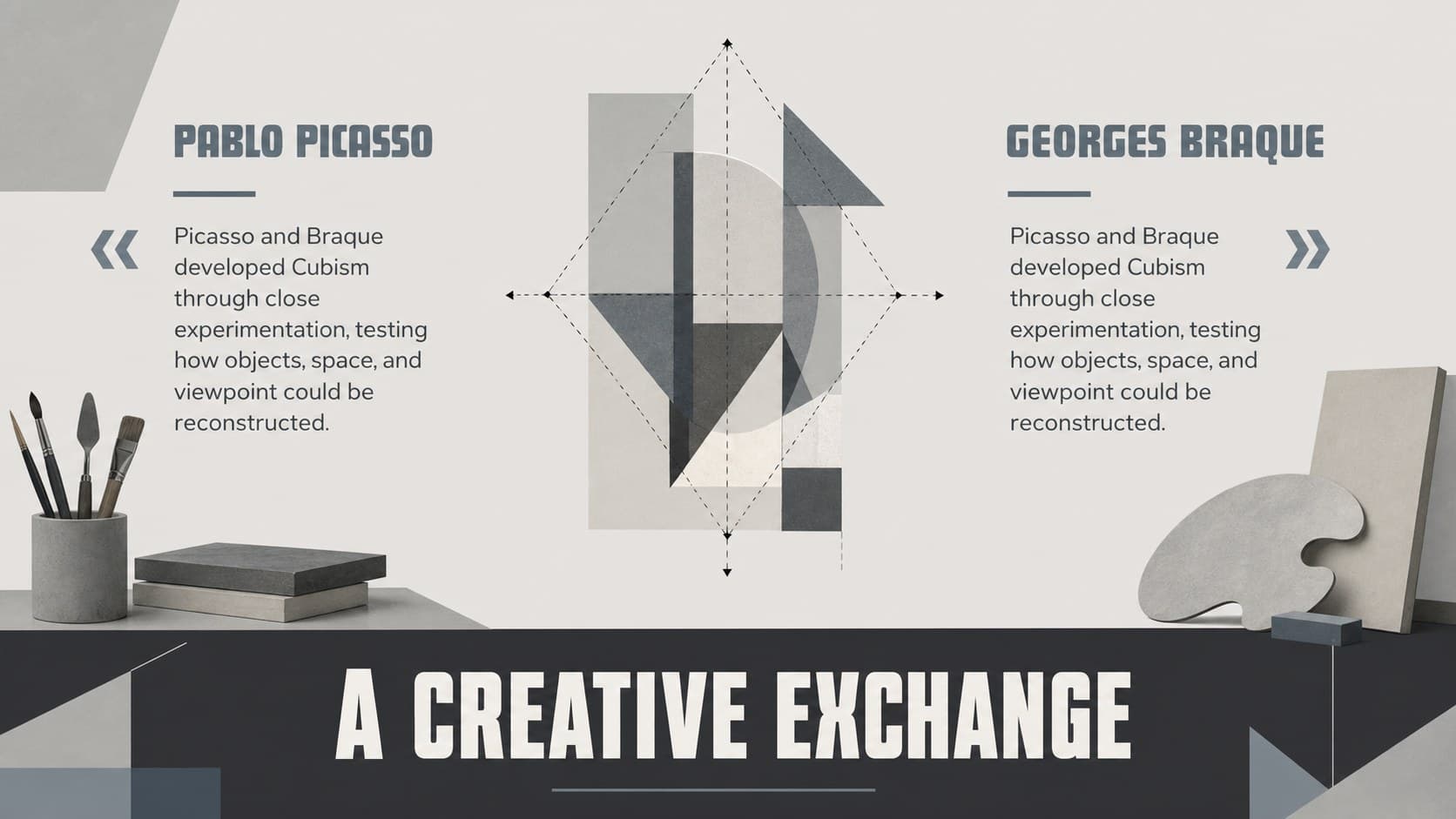 Picasso and Braque lesson presentation slide comparing their contributions to the development of Cubism.