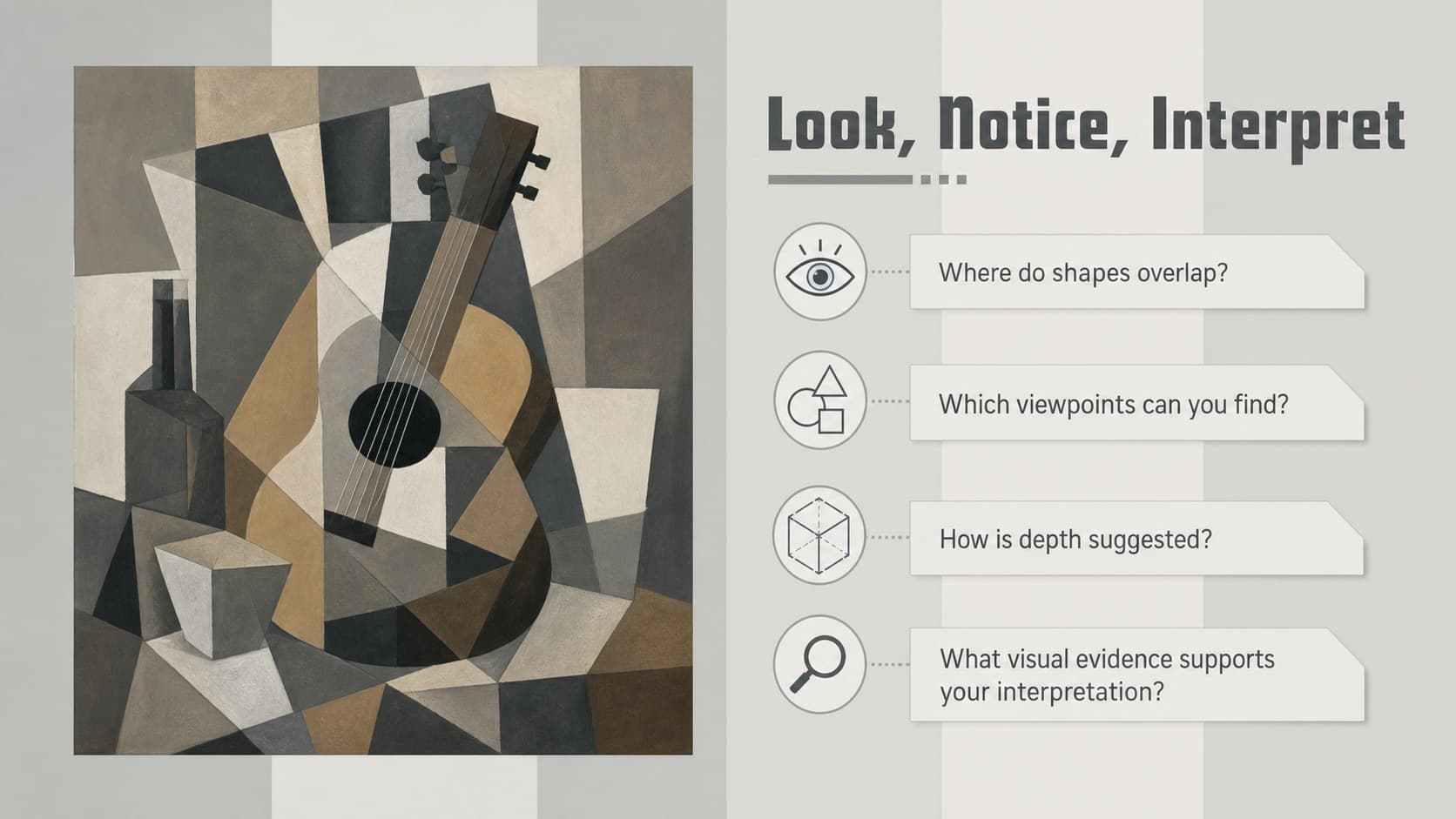 Cubism artwork observation slide with prompts for examining shape, viewpoint, depth, and visual evidence.