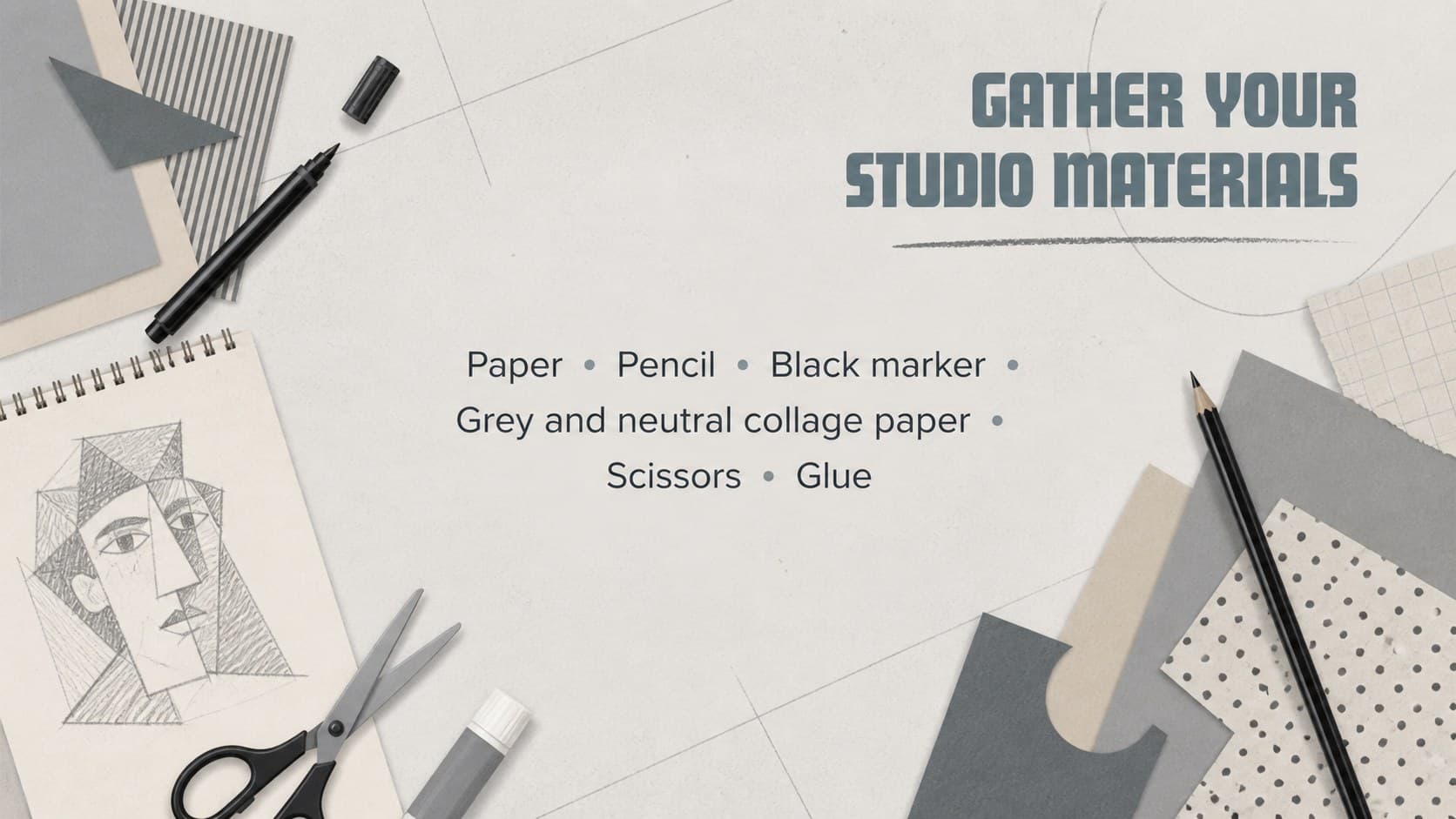 Cubist portrait classroom activity slide listing paper, drawing tools, collage pieces, and adhesive.