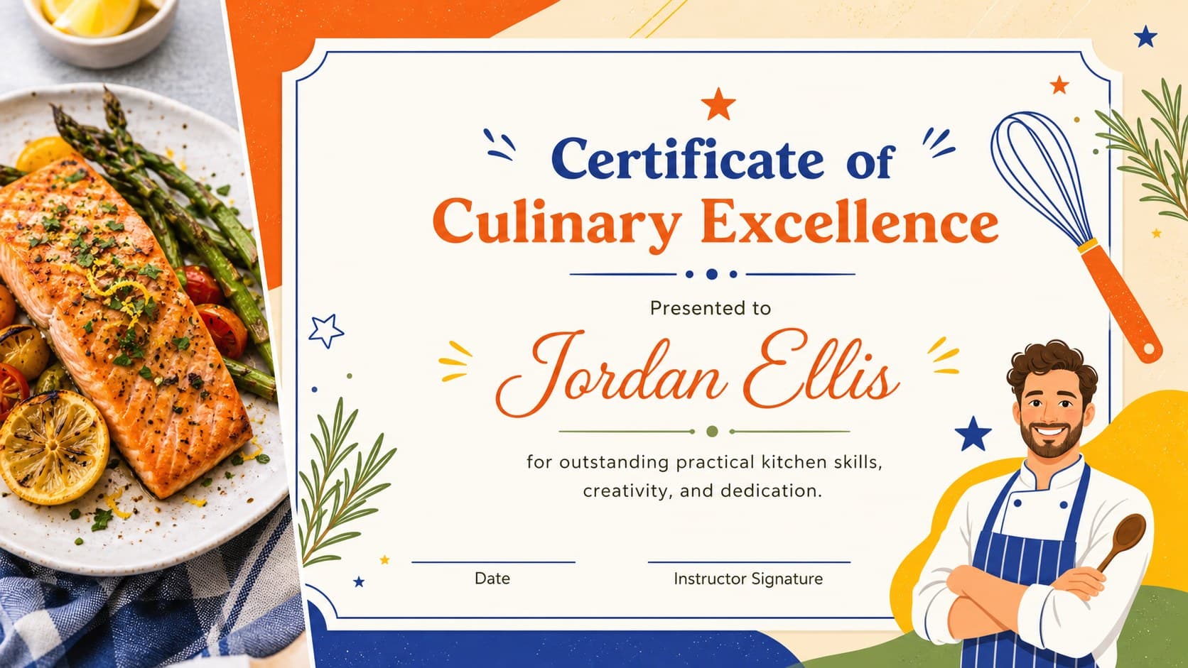 Editable culinary award certificate recognizing excellence in practical kitchen skills.