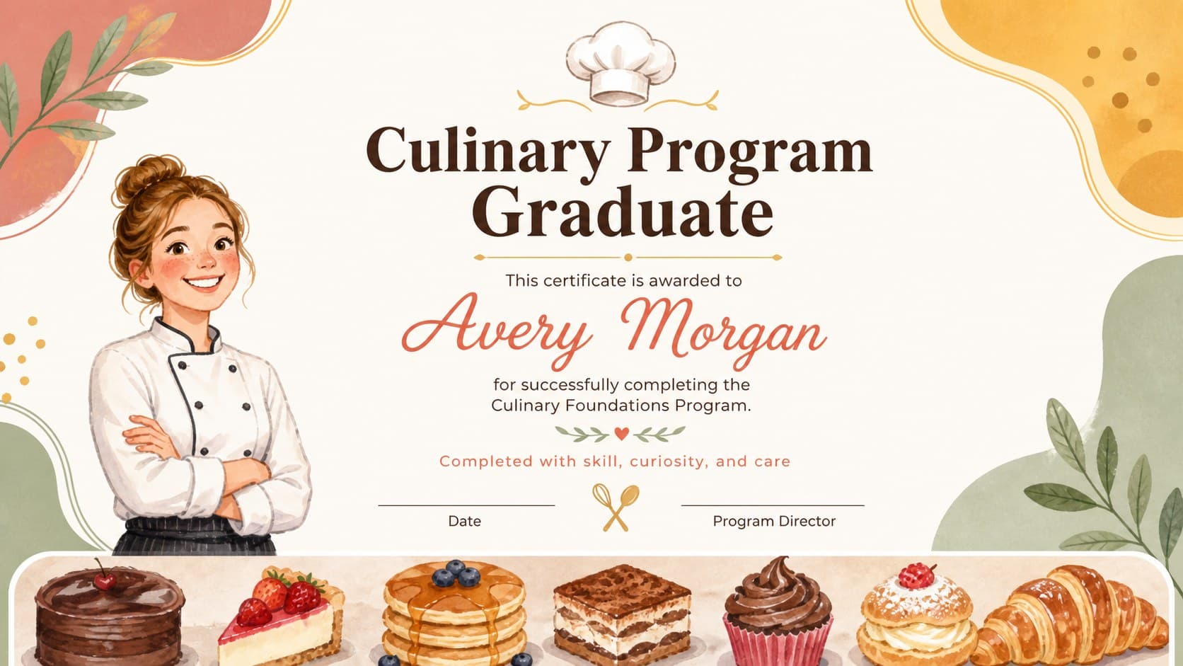Cooking school graduation certificate with a vibrant border, food image, and editable completion details.