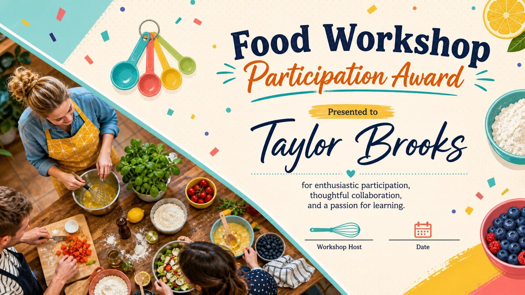 Food workshop certificate presentation page honoring active participation and collaboration.
