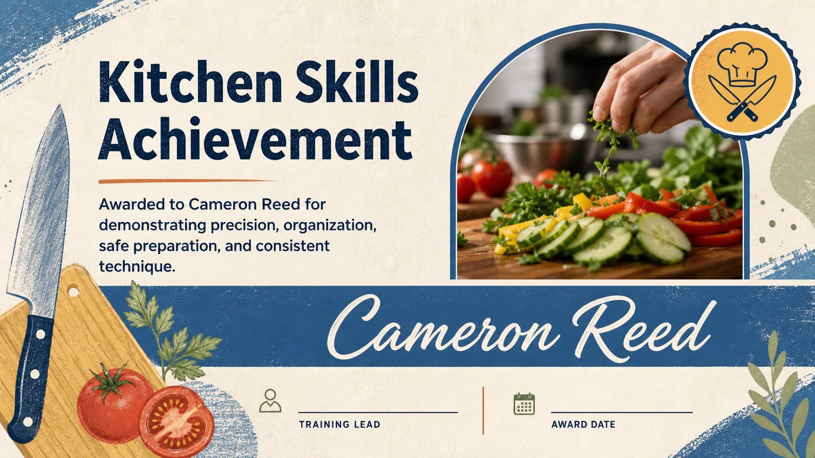 Kitchen skills achievement template featuring an editable award statement and colorful cooking details.
