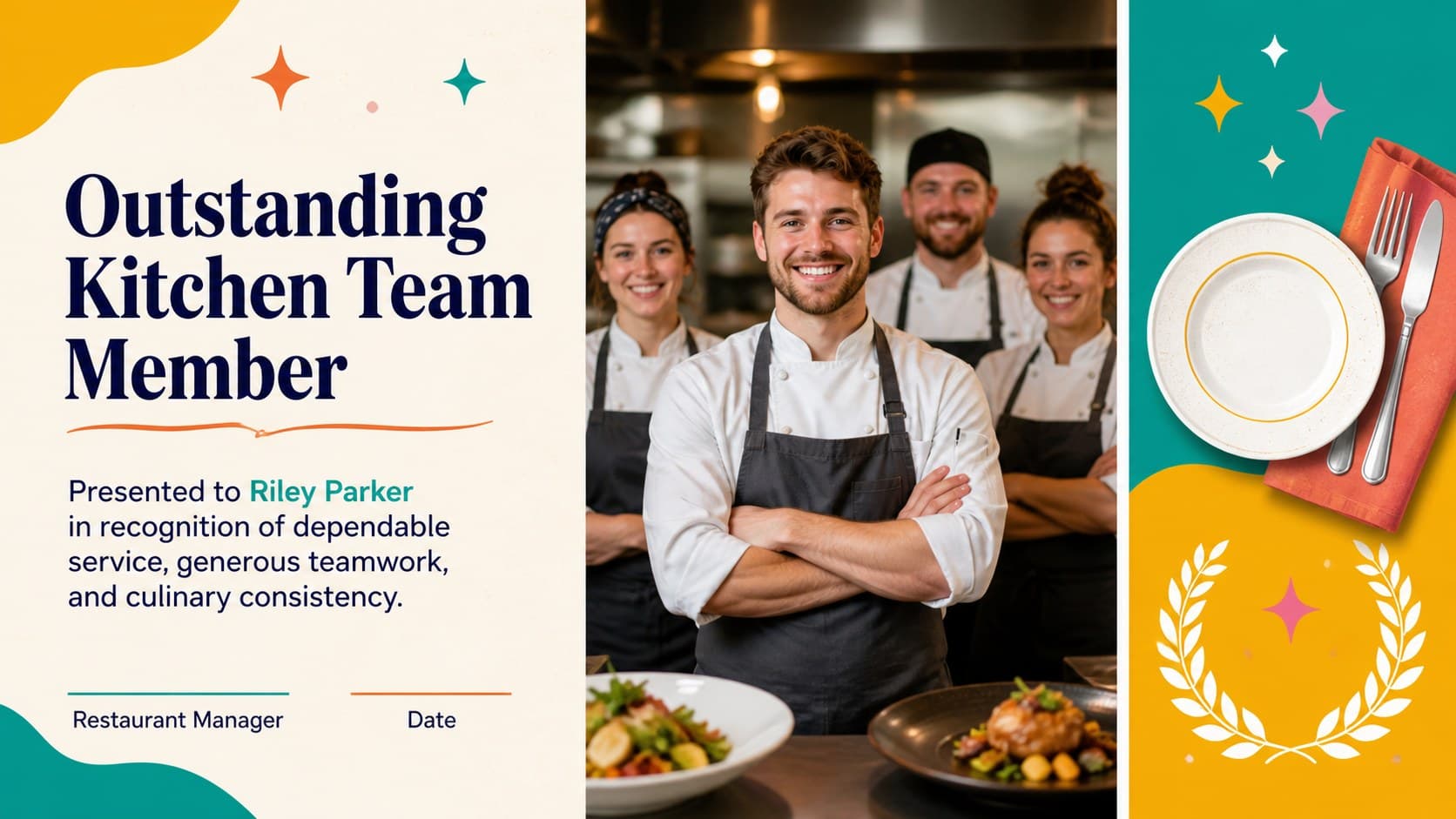 Restaurant staff recognition slide celebrating service, teamwork, and culinary consistency.