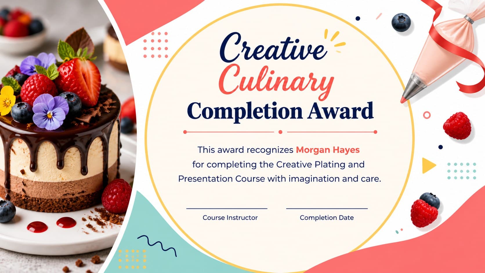 Creative culinary course completion award with vibrant dessert photography and signature fields.