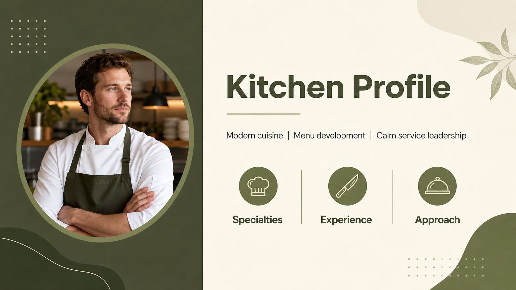 Minimal green culinary portfolio slide showing a chef profile, kitchen specialties, and professional summary.