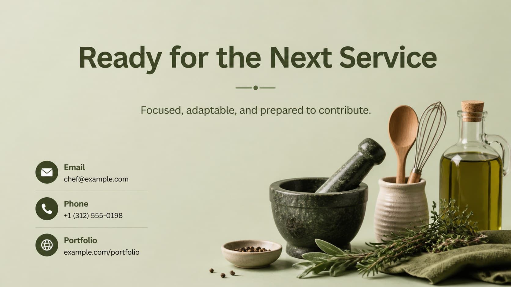 Green closing slide for a chef portfolio with contact details and a concise professional statement.