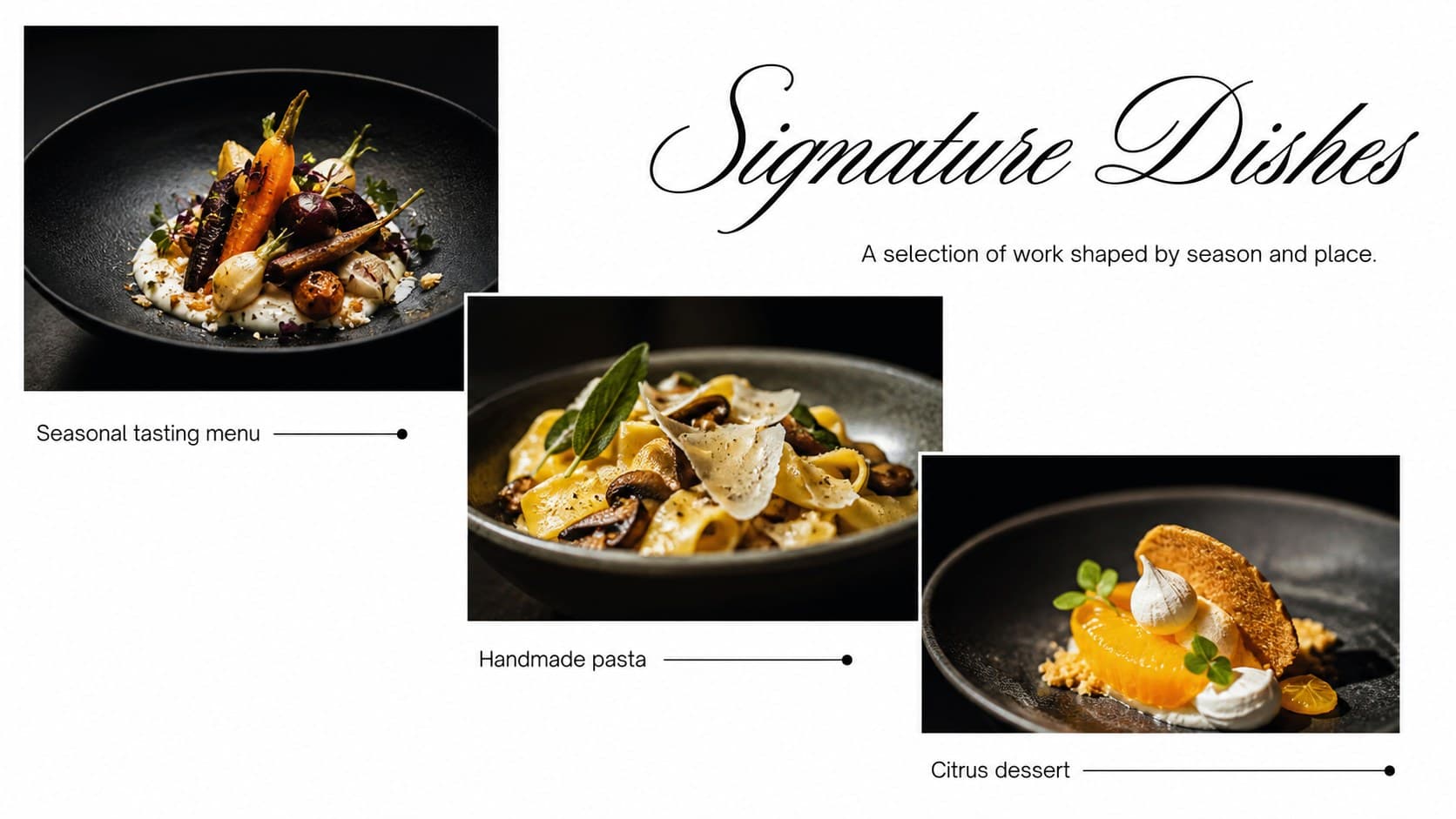 Signature dish gallery slide in a black-and-white chef interview presentation template.