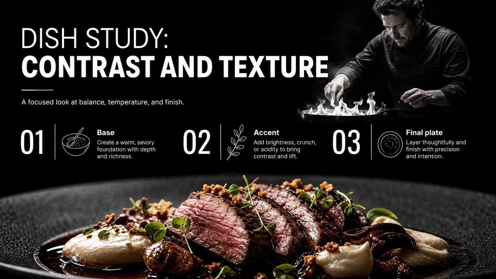 Featured dish detail slide showing ingredients and preparation notes for a restaurant portfolio review.
