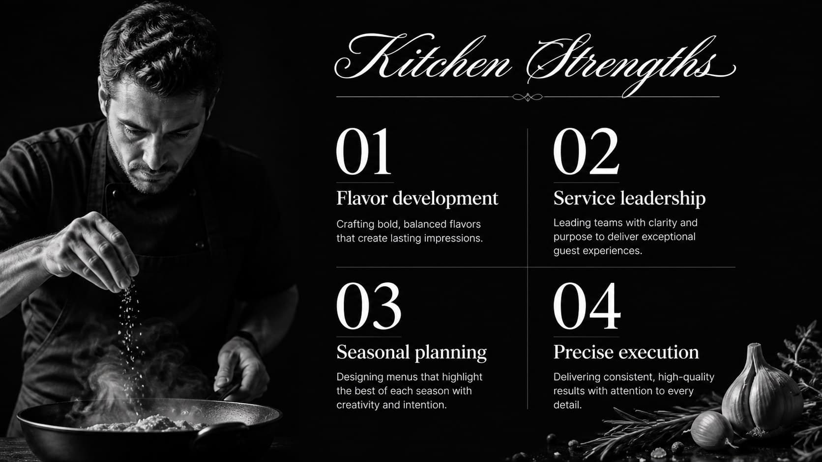 Culinary skills overview slide presenting kitchen strengths in a professional culinary resume deck.