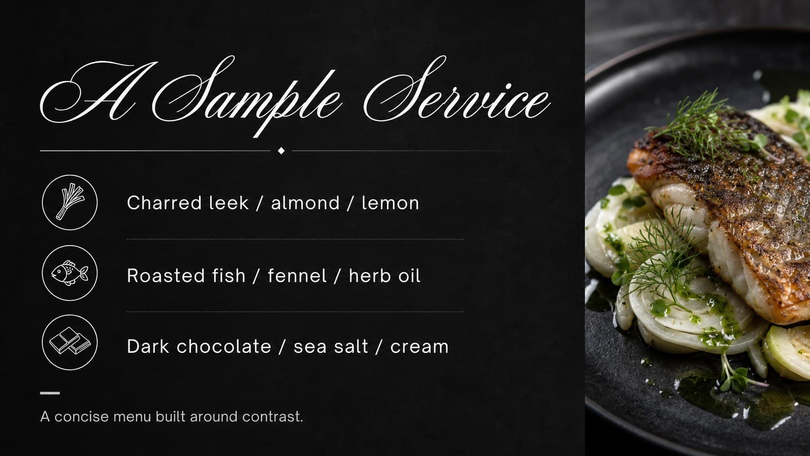Restaurant portfolio slide displaying a monochrome menu concept with dish names and editorial food photography.