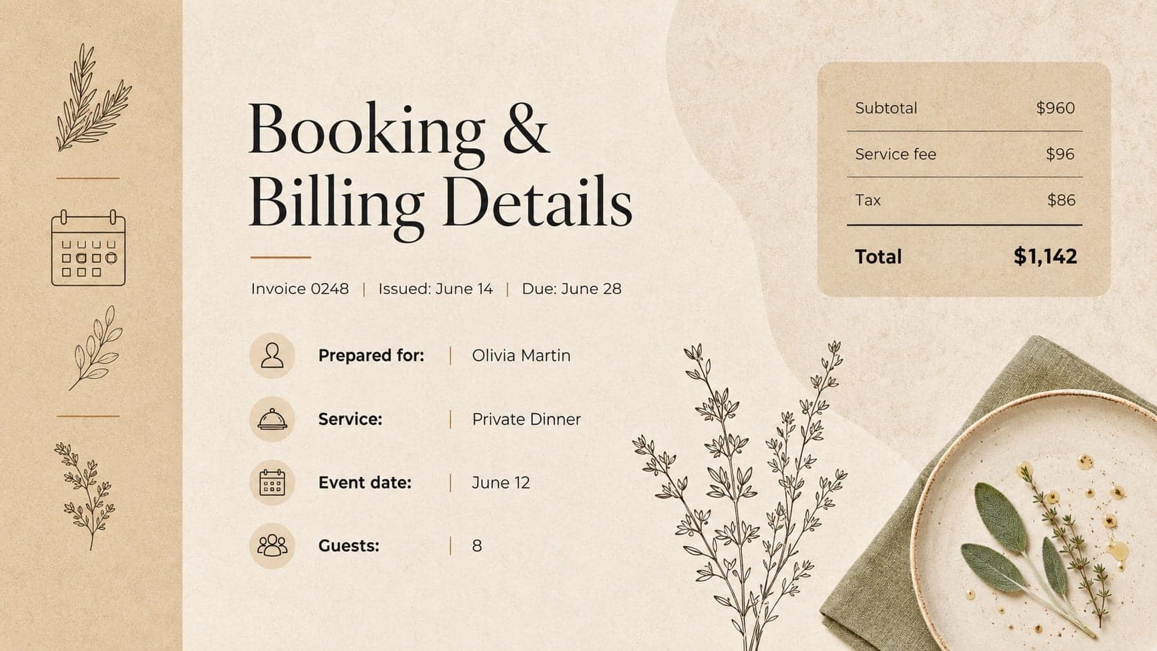Personal chef invoice overview showing client, event, and billing information in a colorful minimal layout.