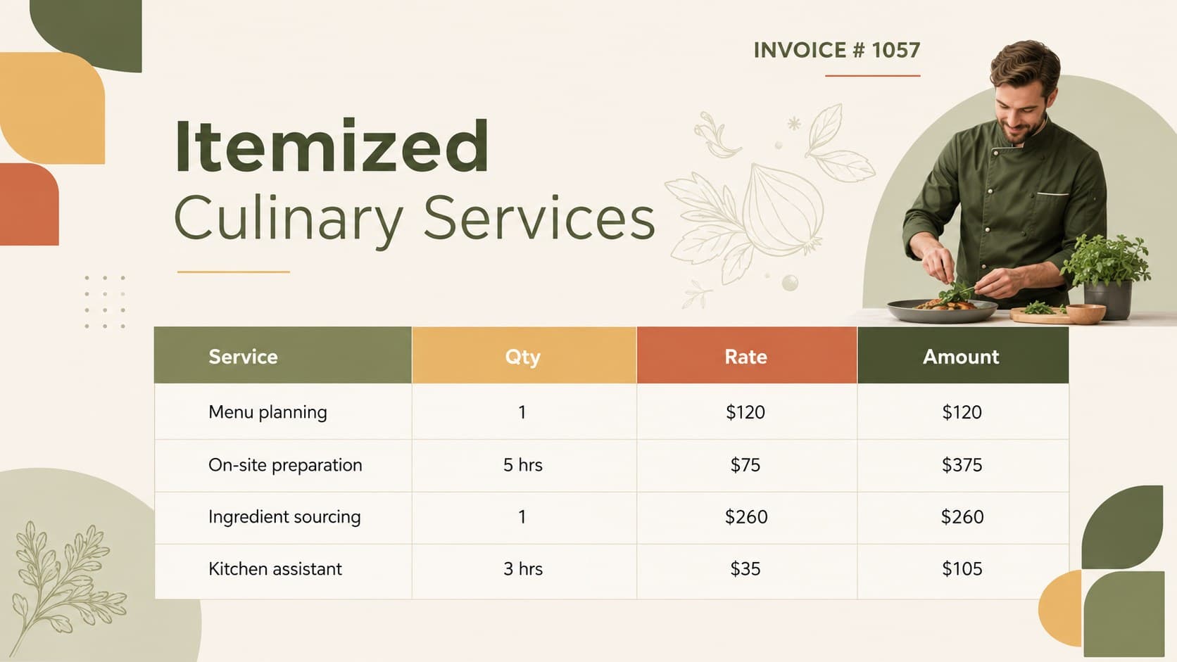 Editable chef invoice PowerPoint slide with an itemized table for culinary services, quantities, and rates.